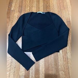 Alicia + Olivia Black Ribbed Long Sleeve Criss Cross Crop Top - Size Large